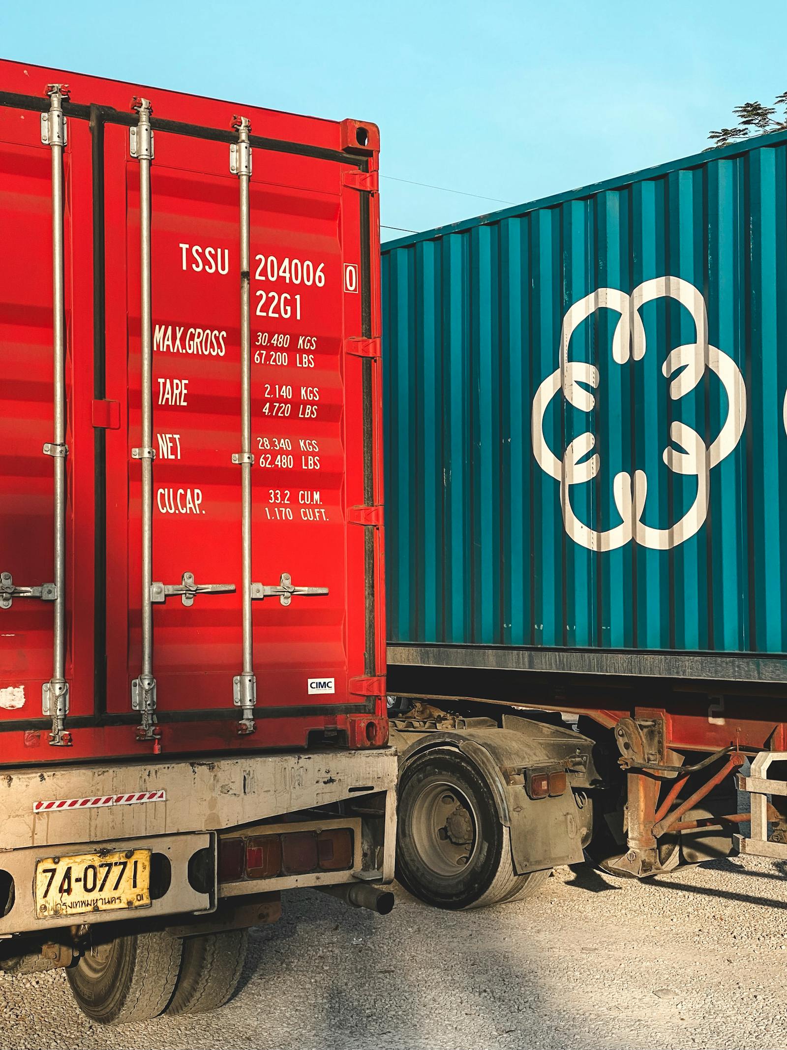 Container trucks lined up for cargo operations